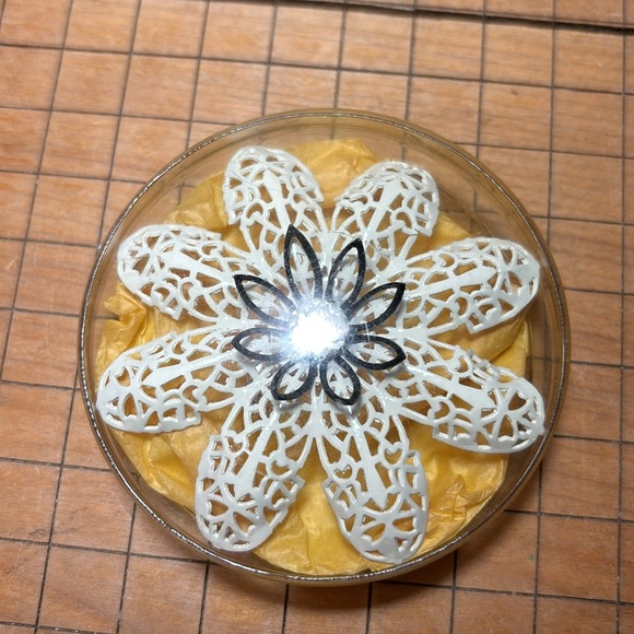 MCM Brooch White Enamel Filigree Black Flower Clear Gem Center Rolling Pin Clasp - Picture 3 of 12